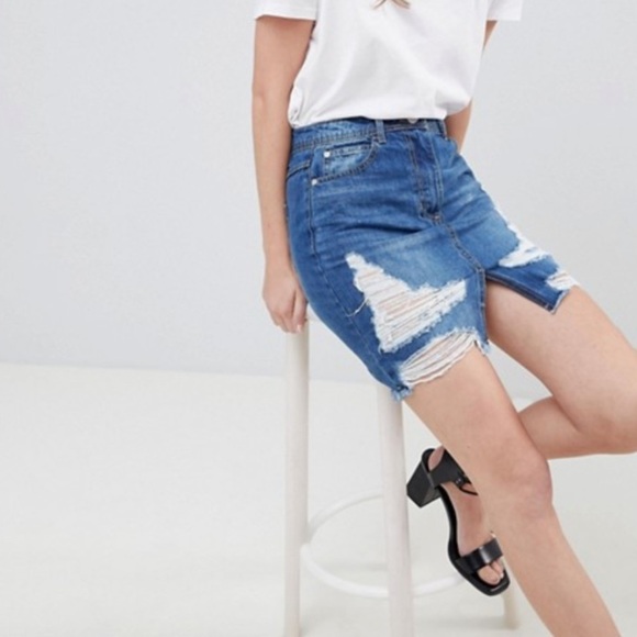 Parisian Midi Distressed Jean Denim Raw Hem Skirt - Picture 1 of 12